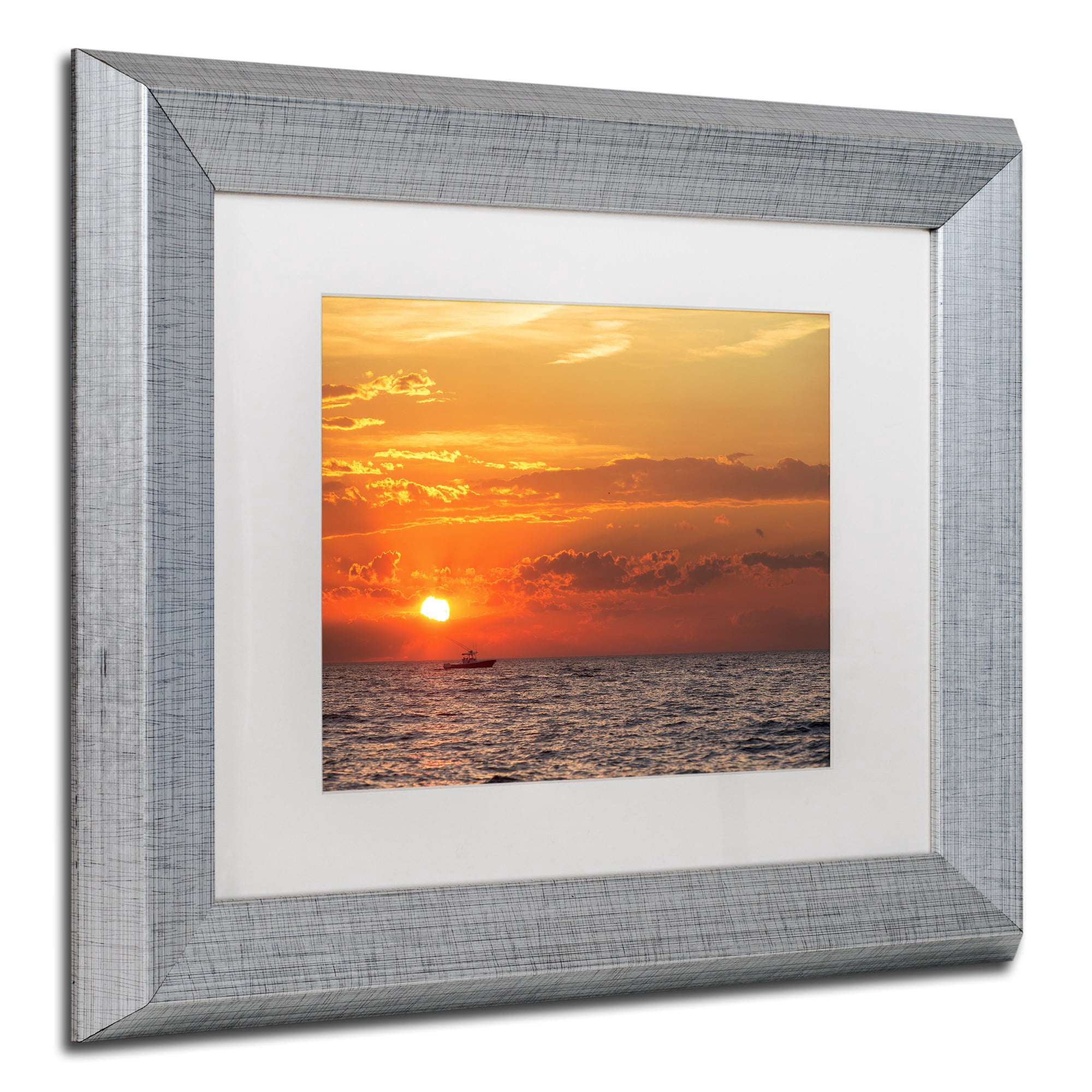 Trademark Fine Art "Fishing Boat Sunset" Canvas Art by Jason Shaffer, White Matte, Silver Frame