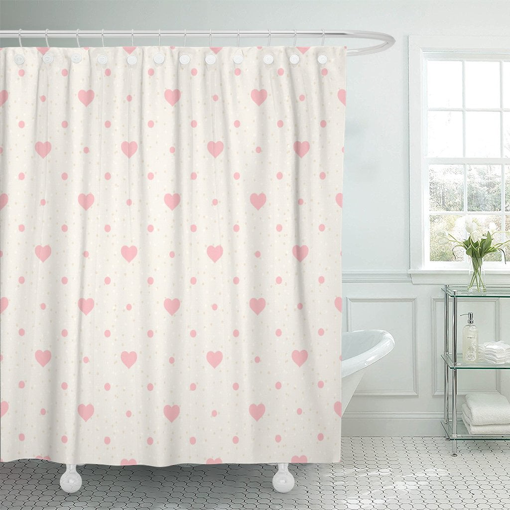 PKNMT Gray Pattern Retro Pink Hearts and Dots on Beige Shower Curtain