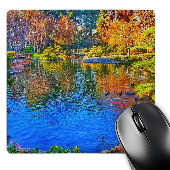 3dRose, A glowing photo of a Japanese garden with ducks and koi, MousePad