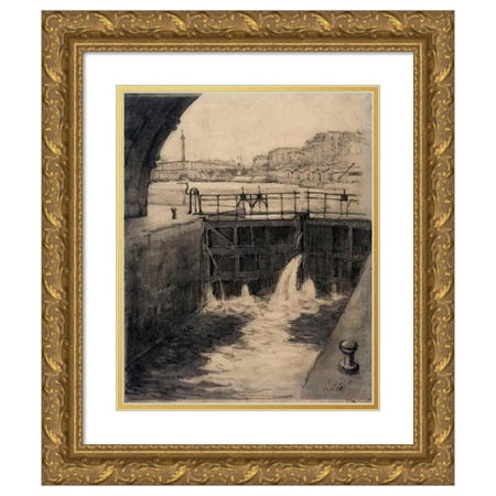 Eugène Béjot 12×14 Gold Ornate Wood Frame and Double Matted Museum Art Print Titled – Lock of the Saint-Martin Canal. Arsenal Lock