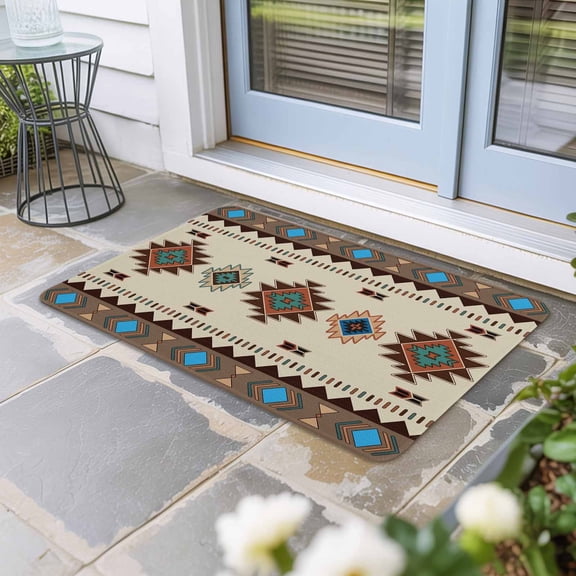 Boho Southwest Door Mat Indoor Outdoor, Farmhouse Aztec Tribe Brown Blue Plaid Non Slip Welcome Mat with Rubber Backing, Absorbent Fabric Front Door Mats Entryway Rug for Home Patio Entrance 18"x30"