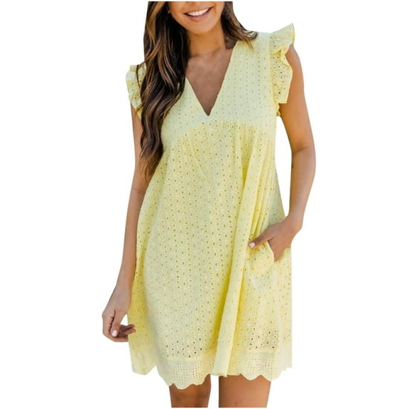 JINMGG Shorts for Women Clearance $5 Fashion Womens Solid Summer Sleeveless V-Neck Casual Hollow Out Mini Zipper Patchwork Pocket Jumpsuit Romper Yellow L