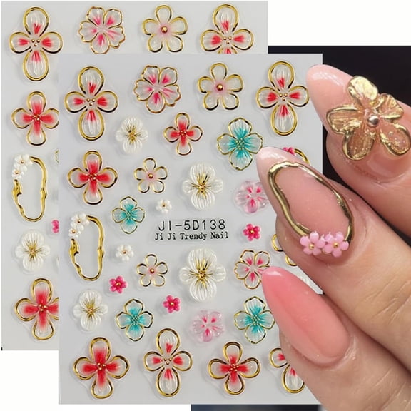 RAGUPEL 2 Sheets Spring Nail Stickers for Nail Art-Flower Nail Art Stickers Spring 5D Embossed Nail Decals Gold Rim Floral Manicure Supplies Flower for Nails Decoration