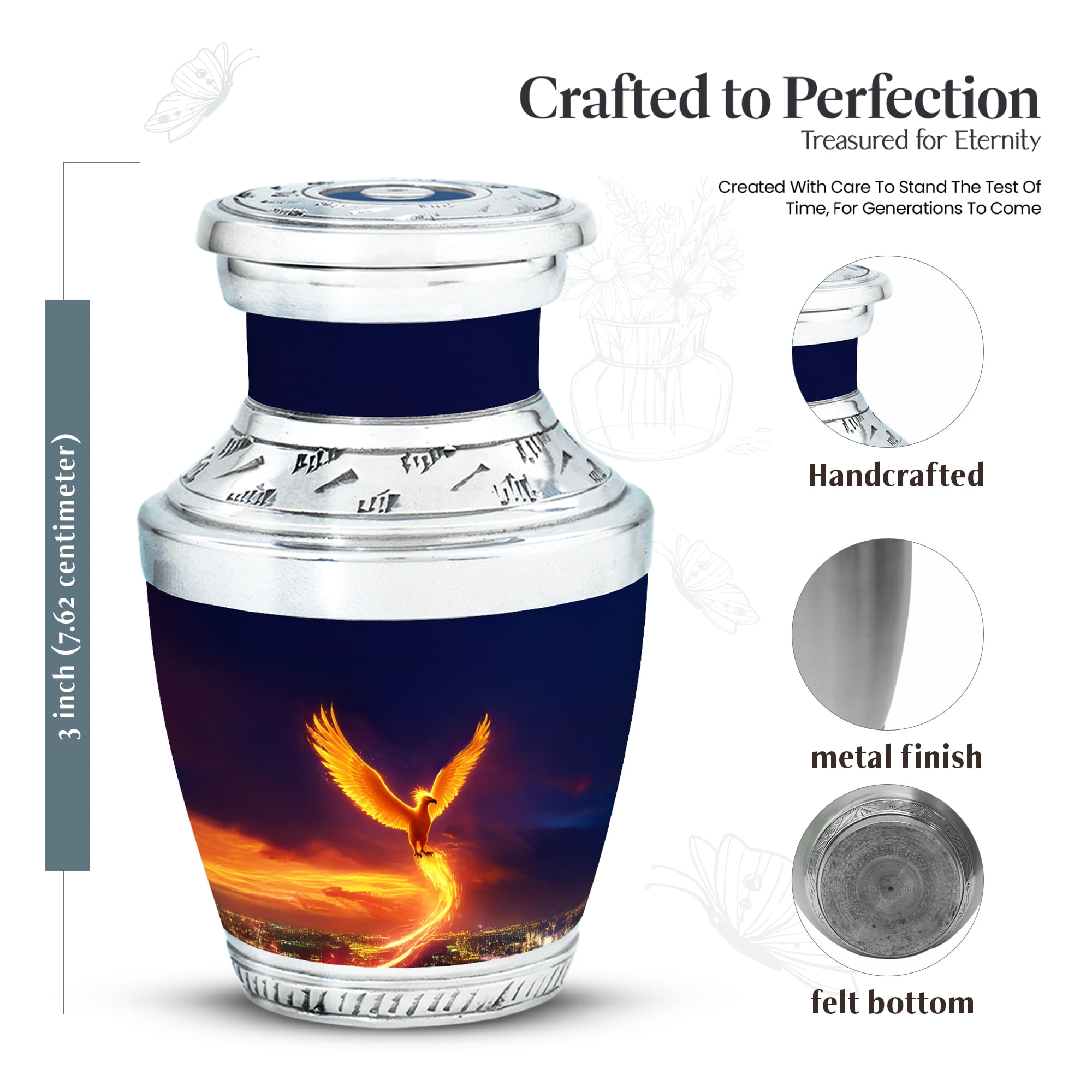MUKTIVE Phoenix Decorative Small Urn for Human Ashes Husband & Wife, Dark Blue Keepsake Memorial Urns for Ashes Male & Female Cremation, Unique Urns for Funeral, Burial Urn for Mom & Dad, 3 Inch