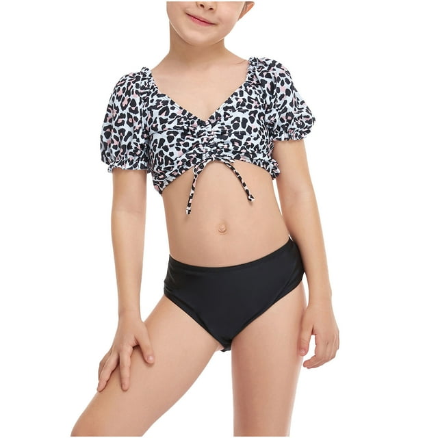 Traje De Baño Para Niñas Casual Estampado Lindo Traje De Baño Dividido Con Volantes Dobles Conjunto De Dos Piezas Para La Playa Negro Odeerbi LM103-10988