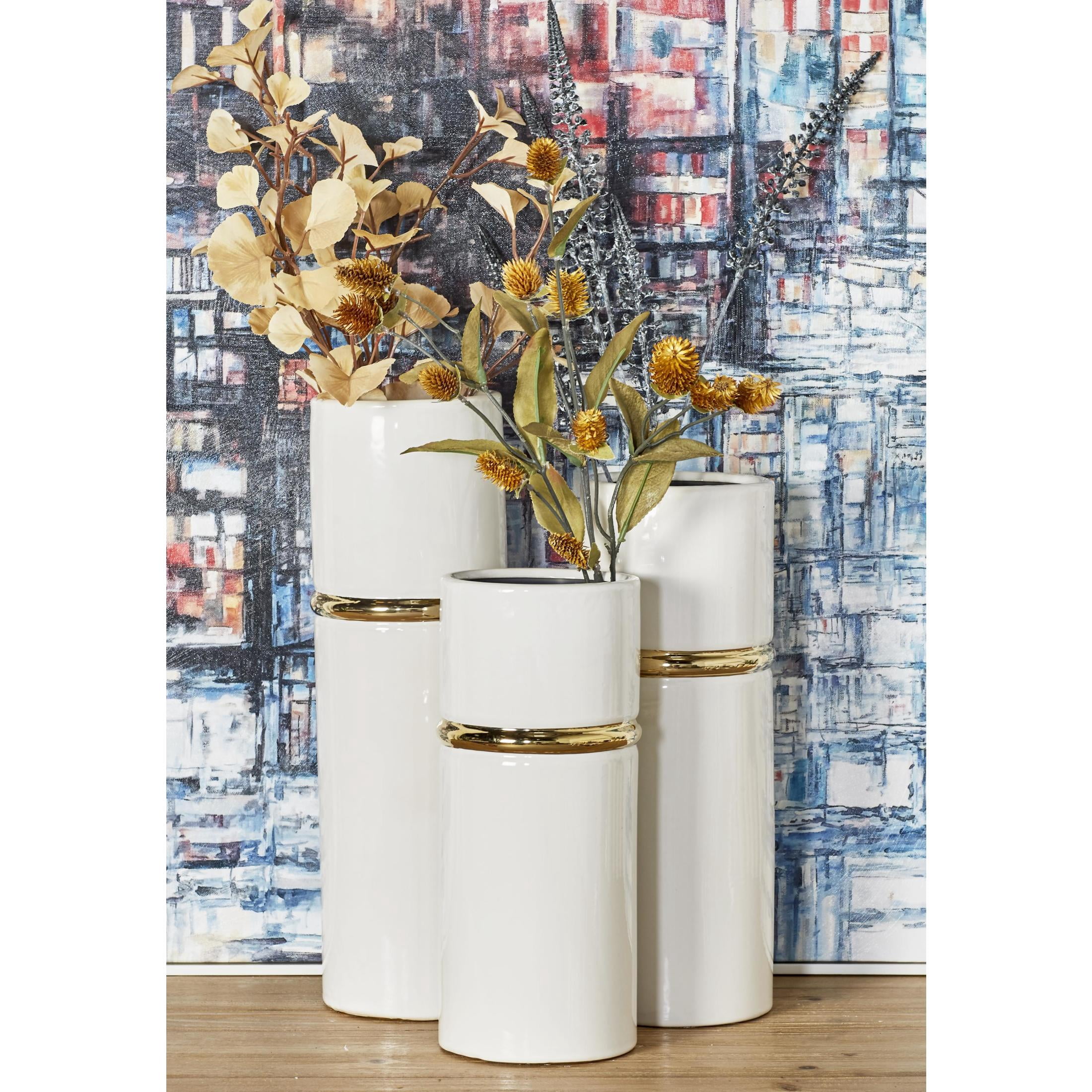DecMode 12", 14", 16"H White Ceramic Vase with Gold Accents, Set of 3