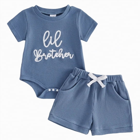 mgoYE Baby Boy Clothes Little Brother Matching Outfits Short Sleeve Waffle T-shirt Top Shorts Set Lil Bro Clothes(Blue,0-3 Months)