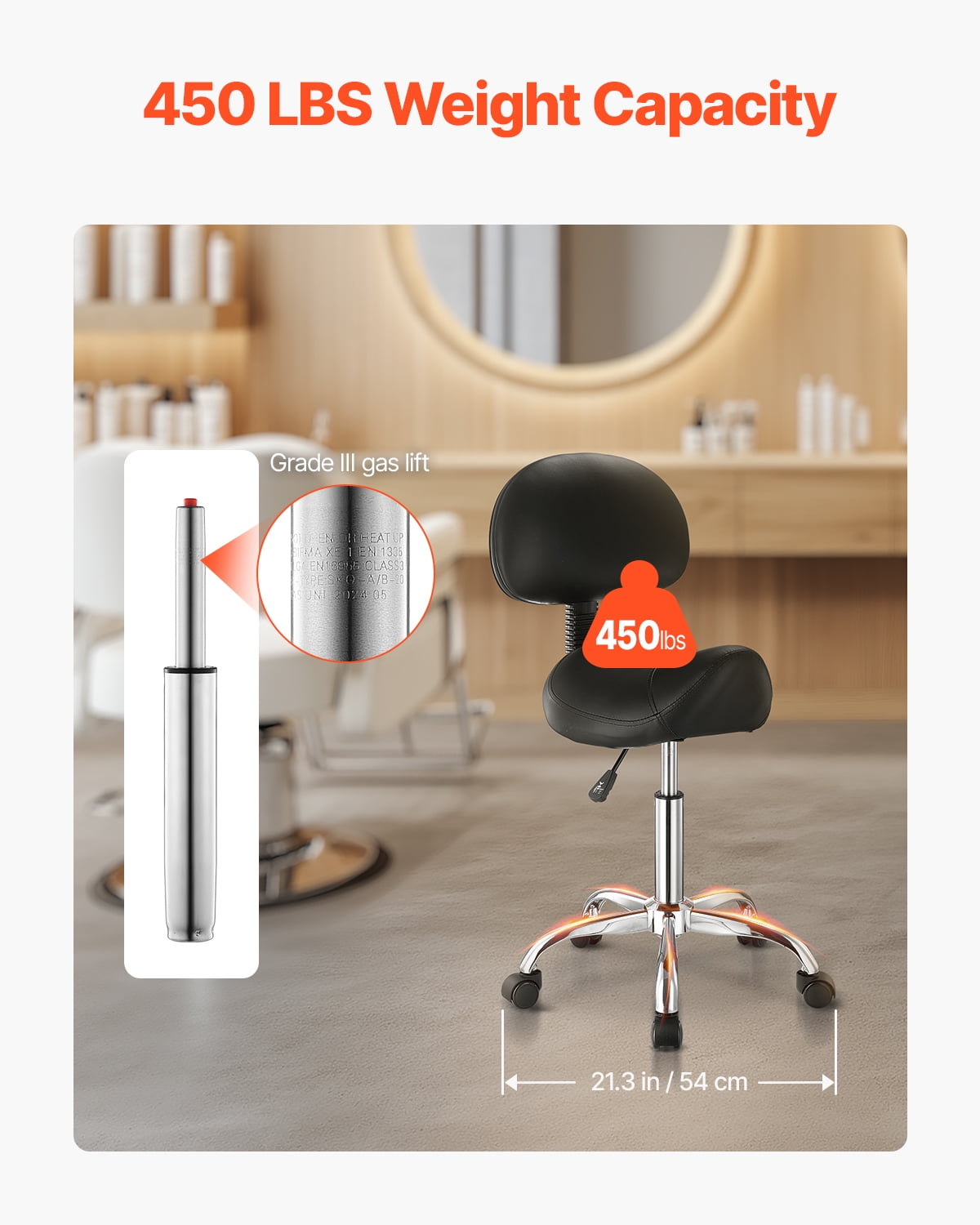VEVOR Saddle Stool with Back Support and Wheels, 450 LBS Weight Capacity Ergonomic Rolling Stool, Height Adjustable Thickened PU Leather Swivel Saddle Chair for Salon, Spa, Massage, Tattoo, Black