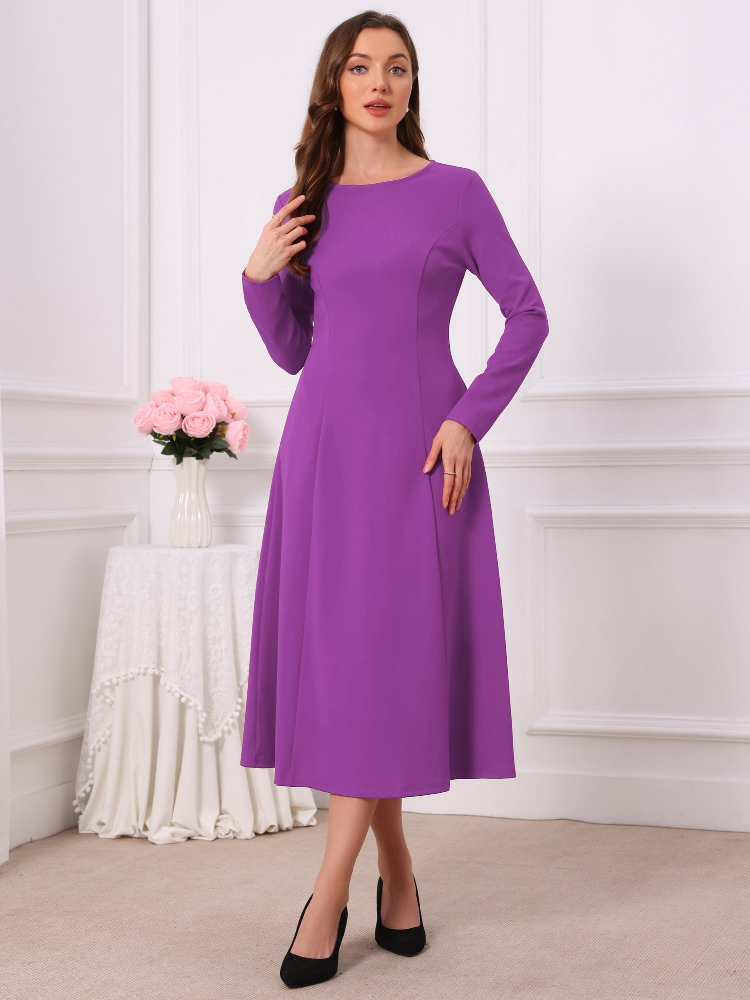 DARING DIVA Women's Long Sleeve Formal Crewneck A-Line Maxi Dress XL Purple