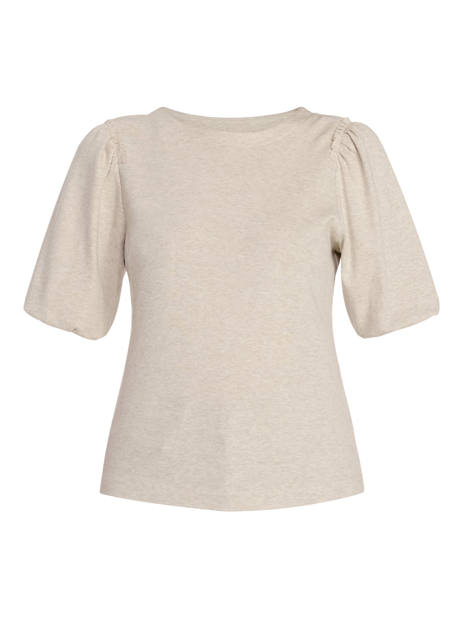 Time and Tru Women's Cotton Crewneck Tee with Puff Sleeves, Sizes XS-XXXL