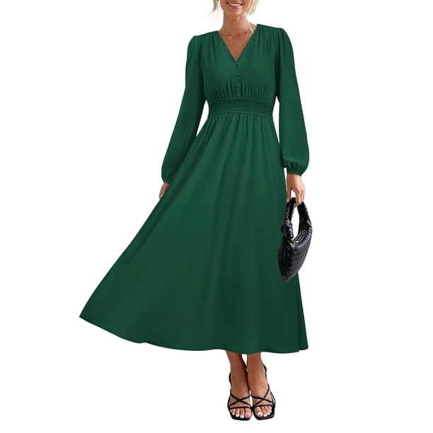 Vestido largo PRETTYGARDEN 2025 primavera manga larga con cuello en V para mujer