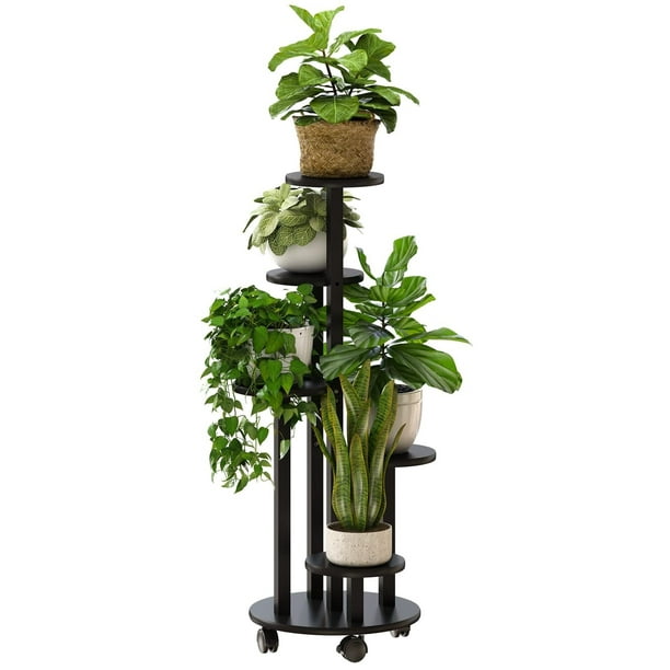 Soporte de plantas negro con ruedas, 5 soportes altos de bambú para plantas de interior, múltiples, soporte de esquina para ventana, jardín, balcón, sala de estar al aire última intervensión