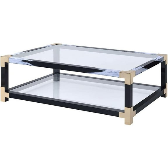 Pemberly Row 54" Glass Top Coffee Table in White Brushed and Black