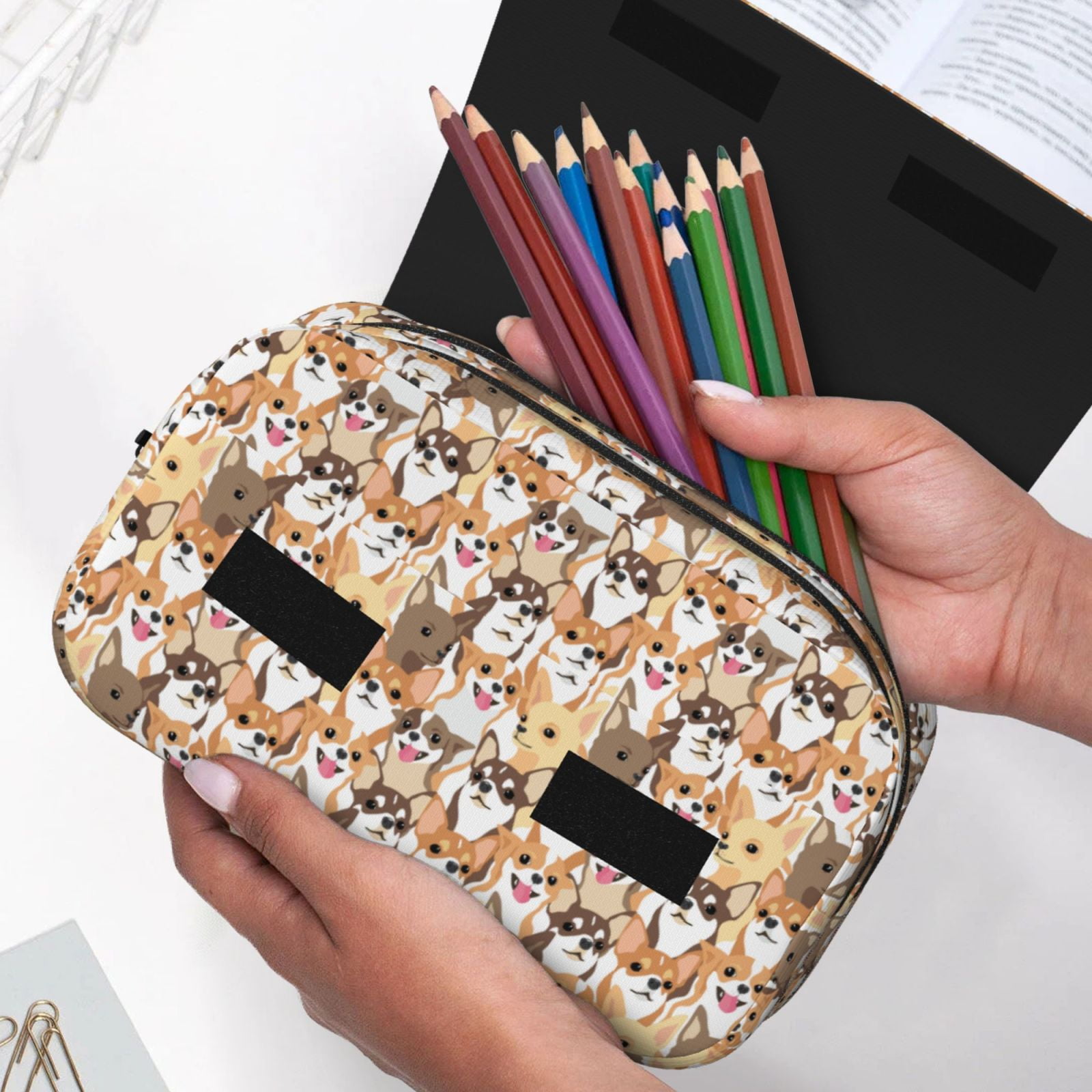 Rateoe Cute Puppy Pattern Double Clamshell Pen Case, Storage Organizer with Two Zipper Compartments– Holds Up to 50 Pencils & Pens
