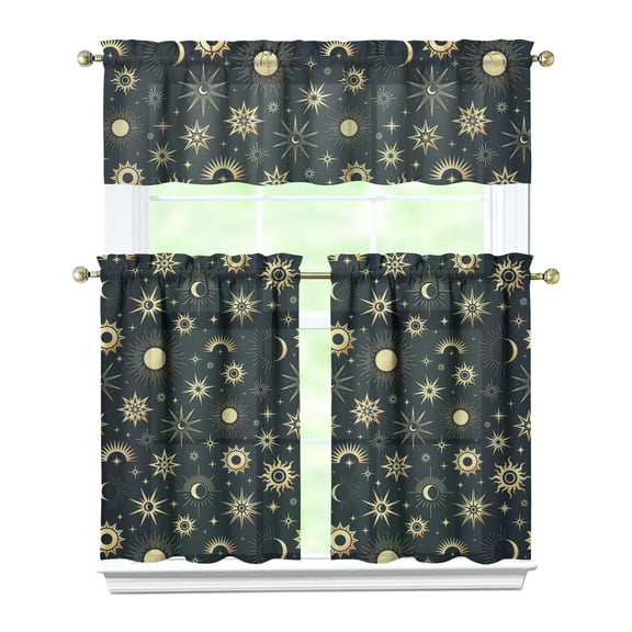 Kitchen Curtains 36 Inch Short - 3 Panel Set, Gothic Celestial Sun and Moon Print, Mystical Starry Night Astrology Aesthetic, Rod Pocket Window Curtain, Easy Wash