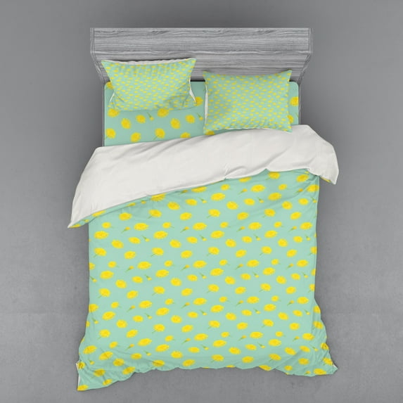 Floral Duvet Cover Set, Continuous Pattern with Dandelion Flower Buds, Bedding Set with Shams and Fitted Sheet, 3 Sizes, by Ambesonne