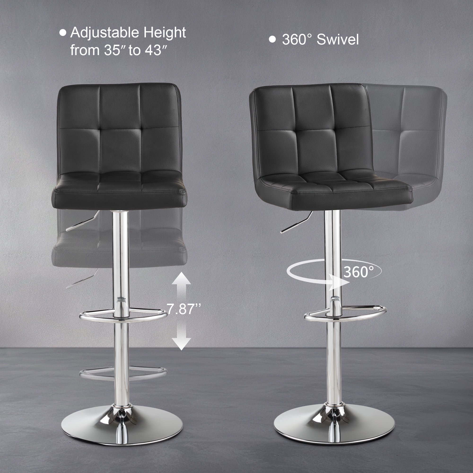 AUNEKIV Bar Stools Set of 2, Thickened Seat Cushion Square Swivel Bar Stools with Back, Adjustable Counter Height Bar Chairs for Kitchen Island, Dining Room,Black with Silver Base