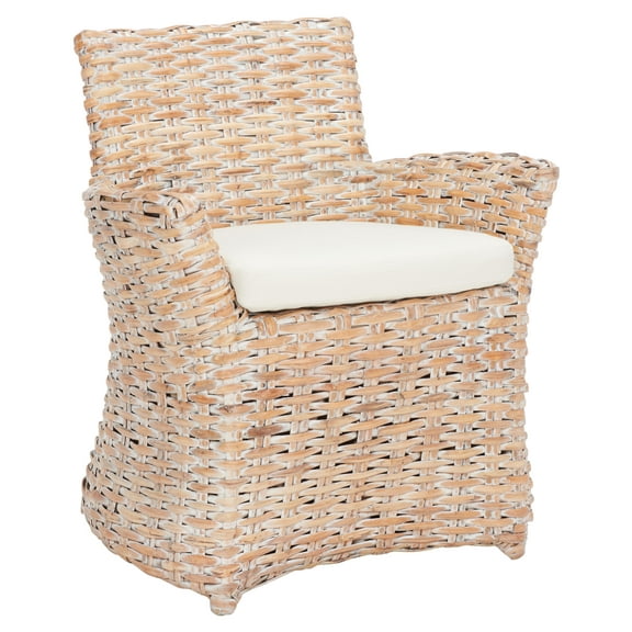 SAFAVIEH Cabana Rattan Arm Chairs, White Wash/White Cushion (28 in. W x 24.4 in. D x 33.1 in. H)
