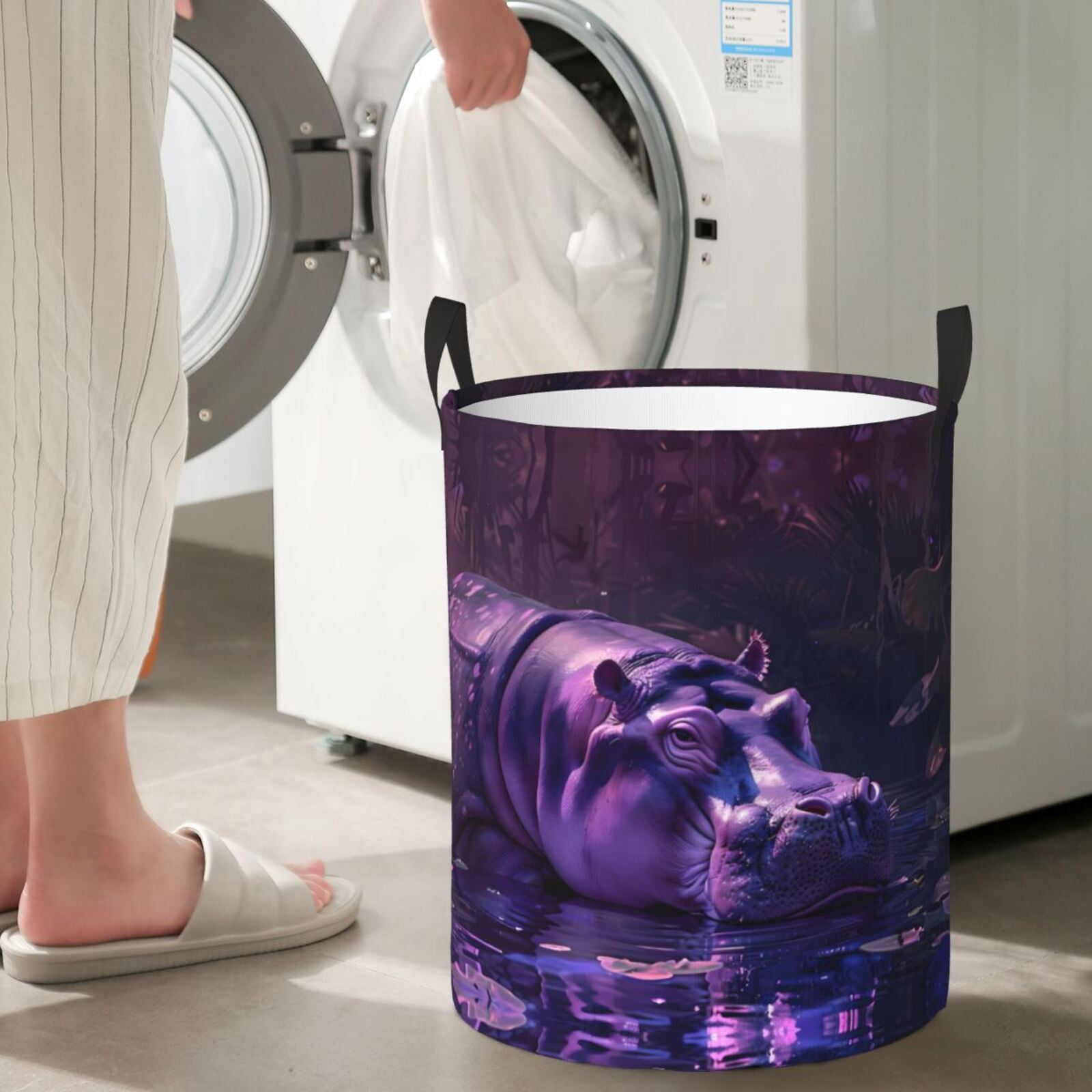 Large Laundry Basket with Handles - Purple Hippo In Water Kids Baby Dirty Clothes Laundry Hamper for Bedroom Aesthetic