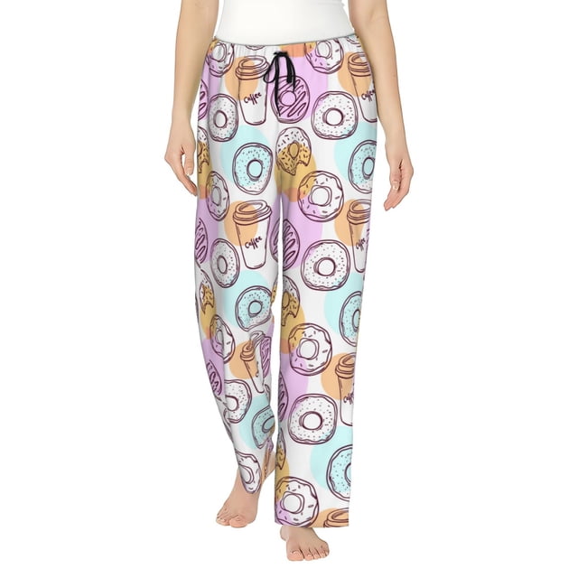 Fotbe Donuts and Coffee Pantalones de Pijama para Mujer, Pantalones de Dormir, Pantalones Pj con Cordón y Bolsillos-3X-Large