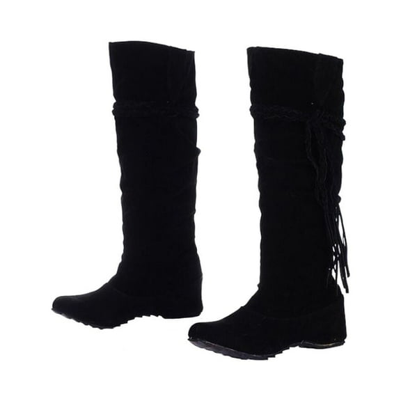 Black Women Fashion Knee High Boots Wedge High Shoes Elastic Weaving Tassel Boots for Autumn Winter - Size 39 Yard