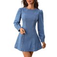 thumbnail image 2 of IUYRTFE Women's Washed Denim Mini Dress with Long Sleeves Crew Neck A Line Flared Hem Casual Jean Dress, 2 of 9