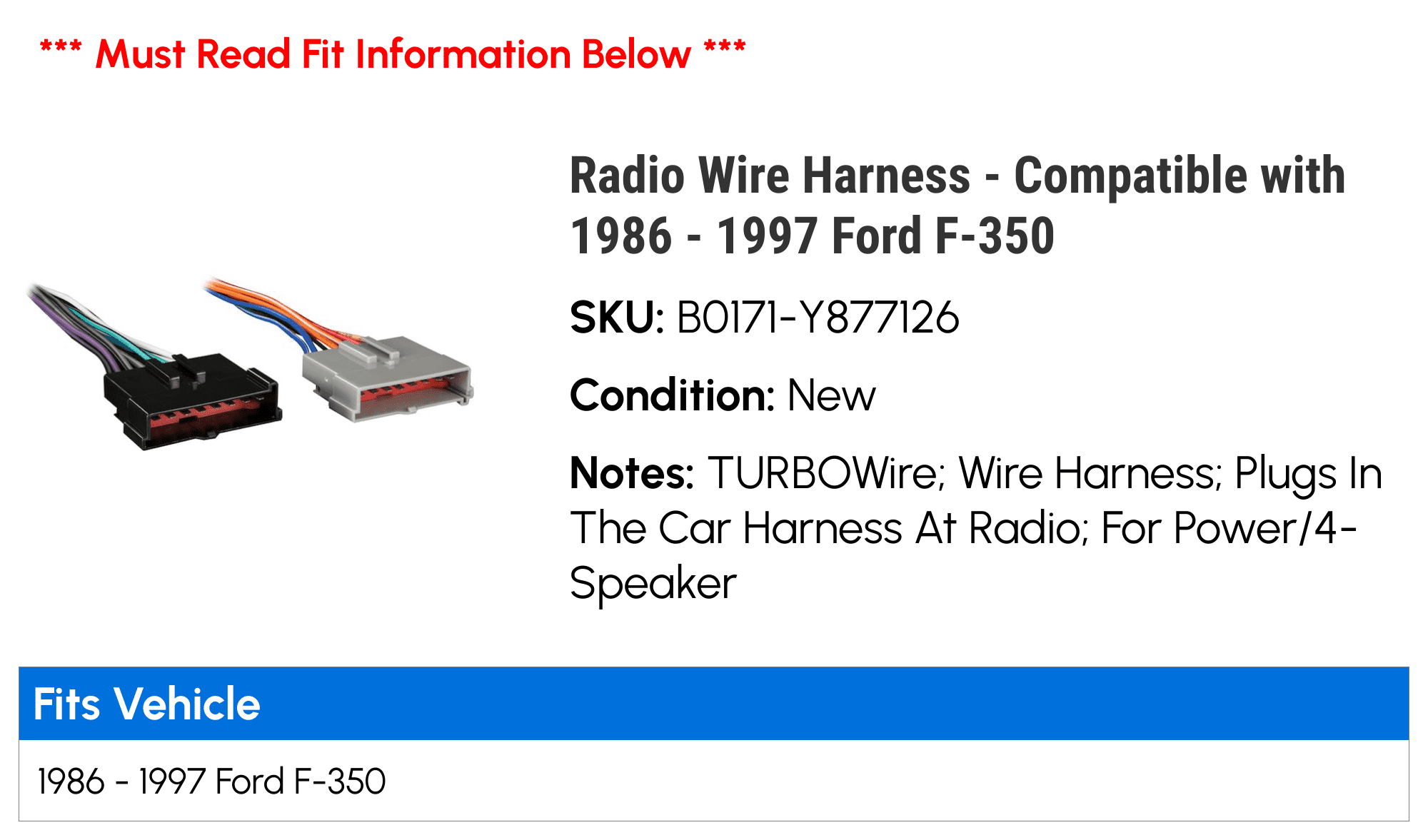 Harmony Audio Radio Harness Adapter - Fits 1986-1997 Ford Ranger Stereo Installation