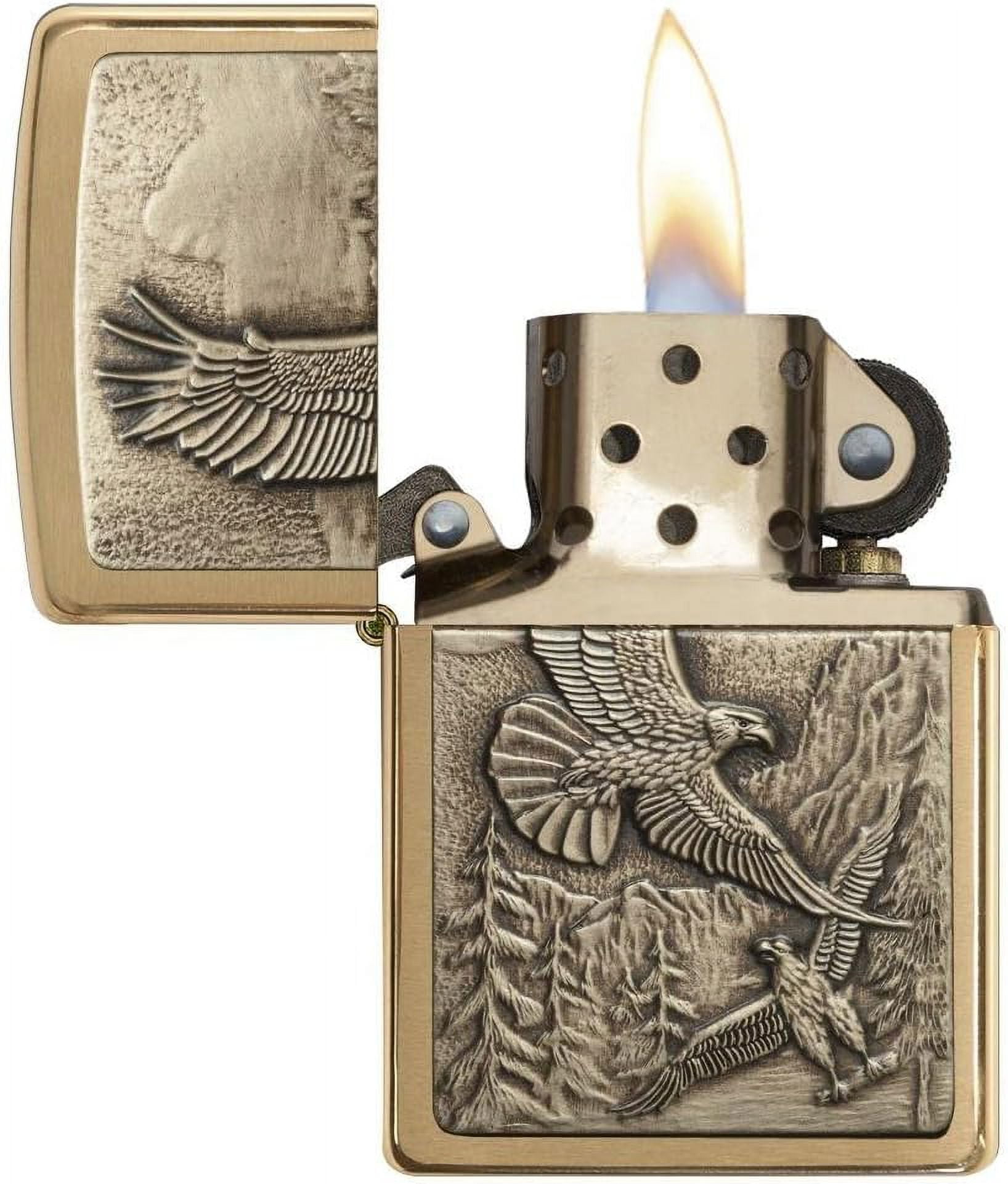 Zippo Lighter - Personalized Message Engraved on Backside Americana Eagle Prey USA Flag Patriotic (Brushed Brass #20854)