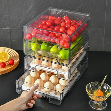 Refrigerator Organizer,Fridge Drawers with Lids Stackable Pull Out Fridge Storage Containers Double Layer Clear Plastic Refrigerator Organizer Bins with Drain Tray for Kitchen Refrigerator Cabinet