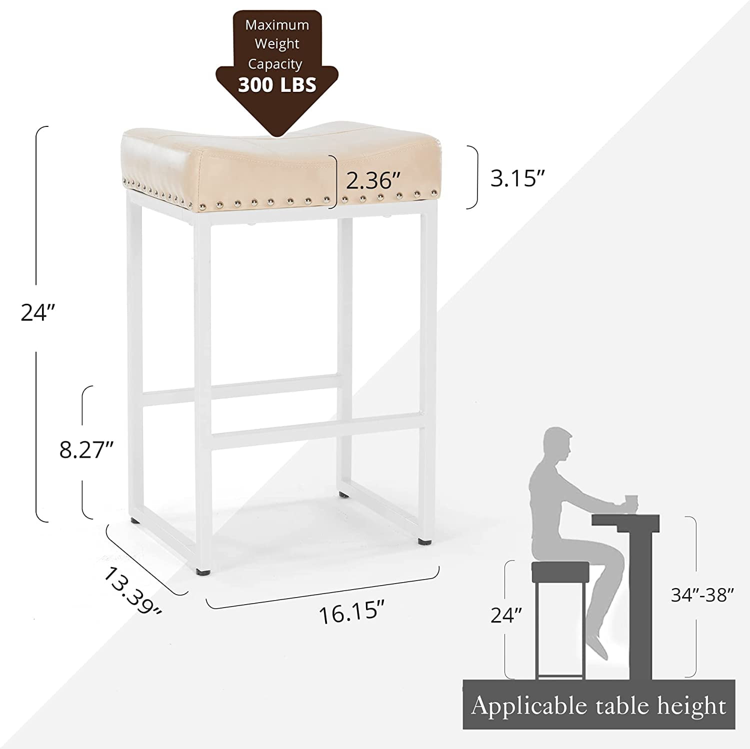 Dycanpo 24" Saddle Counter Height Bar Stools Set of 2, Modern Faux Leather, for Kitchen,Almond