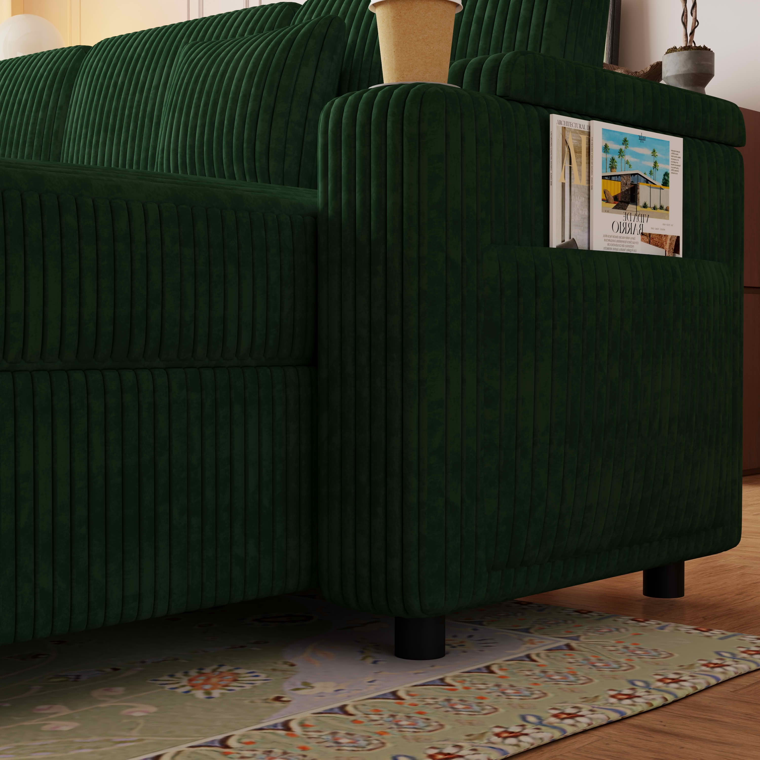 MAYEERTY 100-Inch Green Corduroy 7-Seat U-Shaped Pull-Out Sofa Bed, Modular Sectional Couch with USB Ports, Cup Holder & Storage