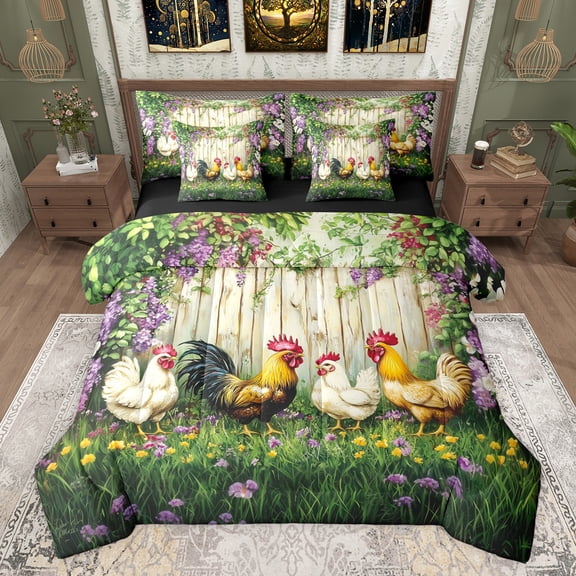 Castle Fairy Farm Chicken Rooster Twin Bedding Sets 7-Piece for Boys Girls,Rustic Farmhouse Animal Bedding Comforter Set Microfiber,Chic Floral Flowers Breathable Sheet Sets,Microfiber Bedroom Decor