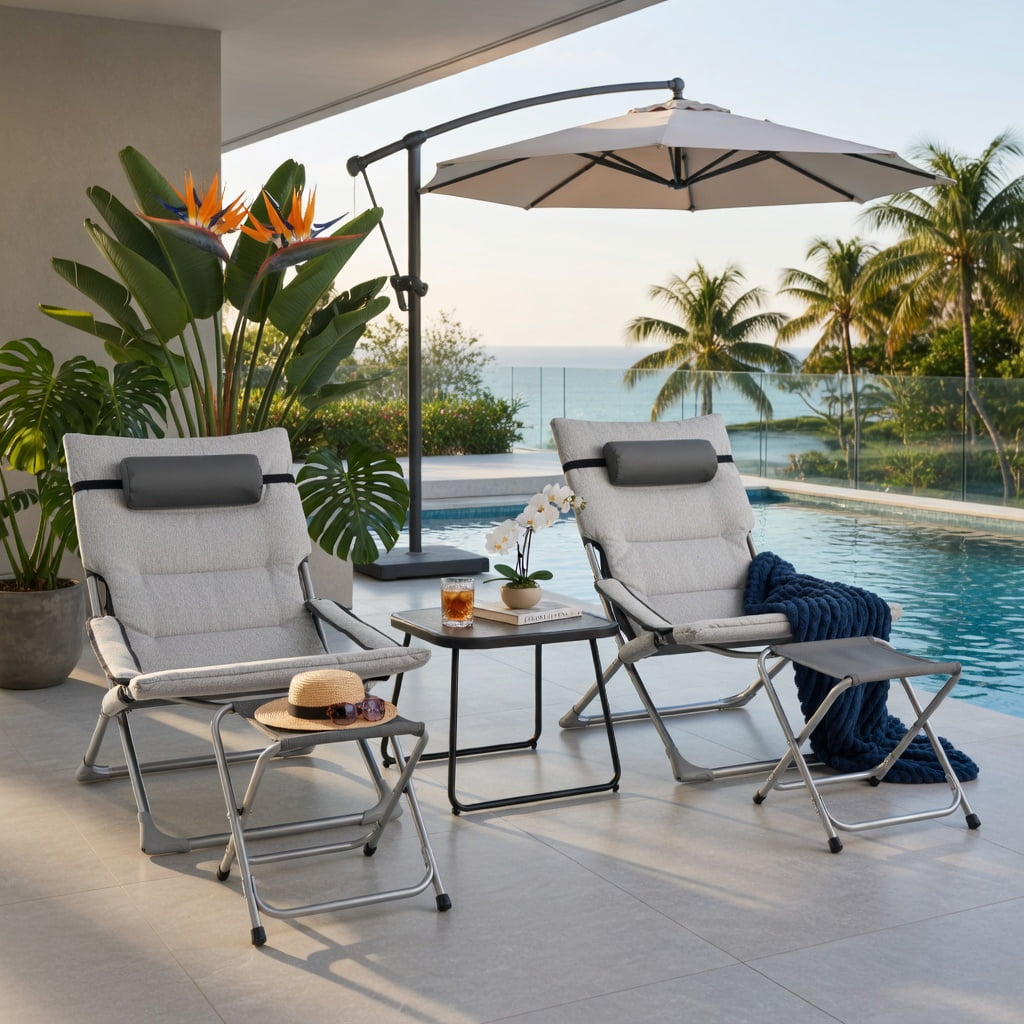 Hommoo 5-Piece Folding Patio Sling Chair Set with Footrests, Coffee Table & Headrest Pillows, Outdoor Lounge Seating for Deck, Poolside & Garden, Gray