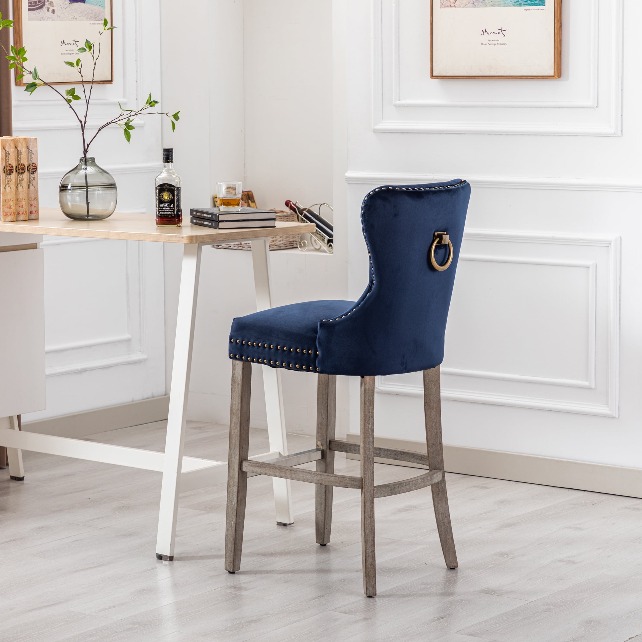 Westin Outdoor 29" Tufted Velvet Counter Stool, Antique Gray/Velvet Navy Blue