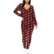 Women's Christmas One Piece Pajamas Jumpsuit Sexy V Neck Long Xmas Plaid Deer Snowflake Sleep Wear Romper Bodysuit