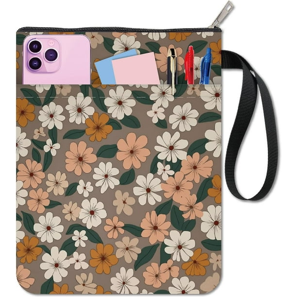 Funda para libros con estampado floral, lavable, de tela, para cuadernos de tapa blanda. Incluye cremallera y bolsillo adicional.