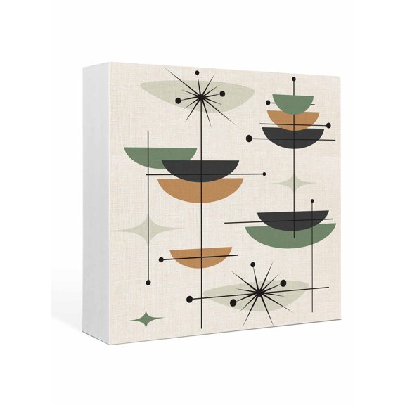 Wood Box Sign Boho Mid Century Square Boxes Sgin Desk Decor Decorative Wood Block Plaque Green Orange Geometric Abstract Wooden Signs for Home Tabletop Shelf Wall Office Room Table Decor Gifts 6"x6"