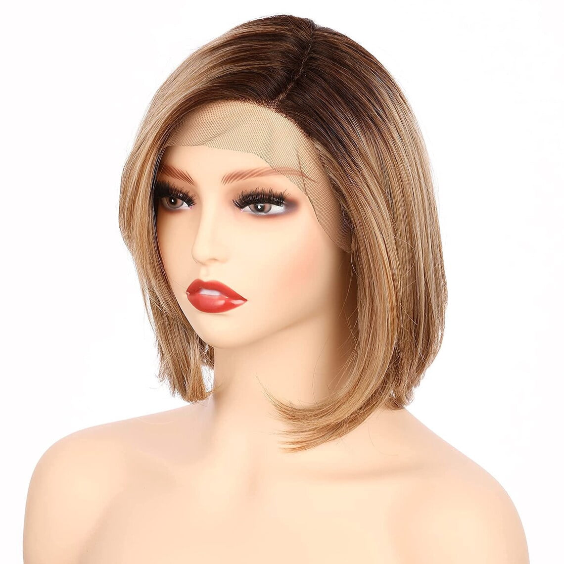 Onedor 9.5 Inch Side Part Lace Front Relaxed Straight Bob Wig (Dark Blonde Evenly Blended & Platinum Blonde with Dark Roots)