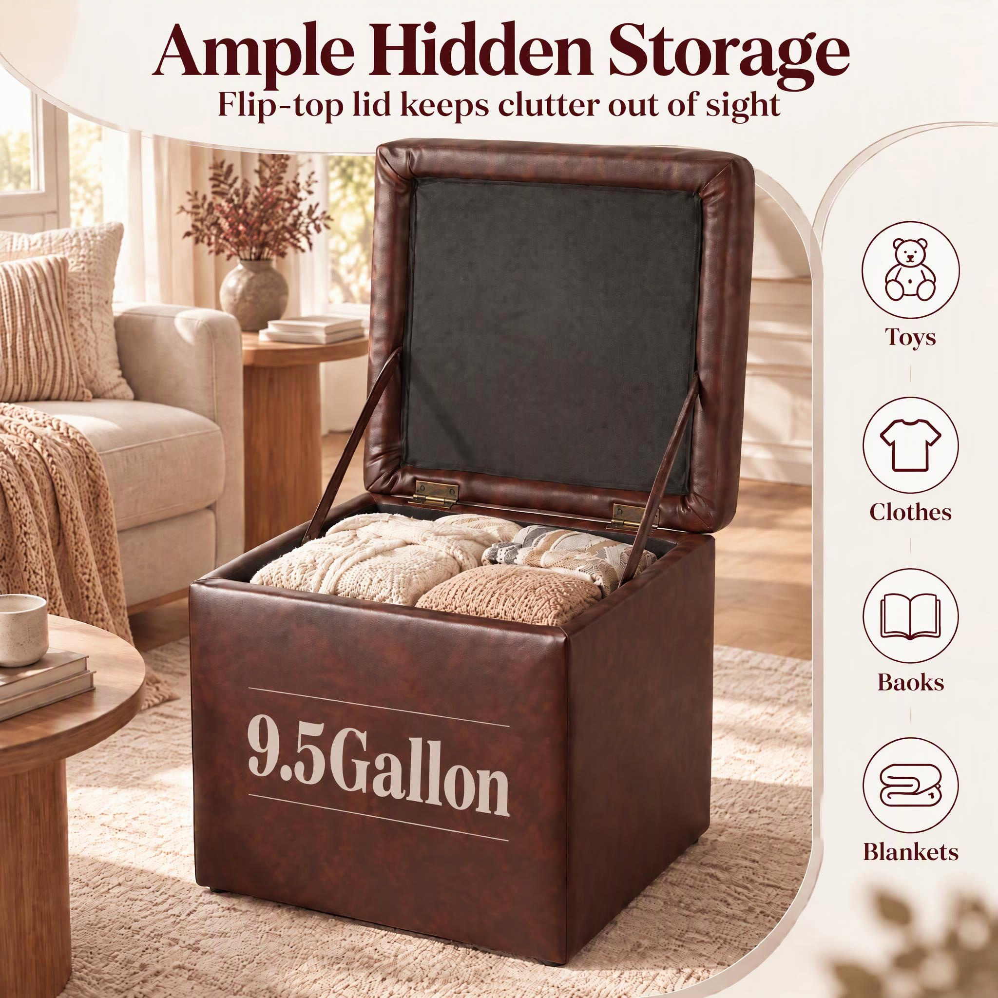 Costway 16" Cube Ottoman Storage Box, Red Brown photo 6