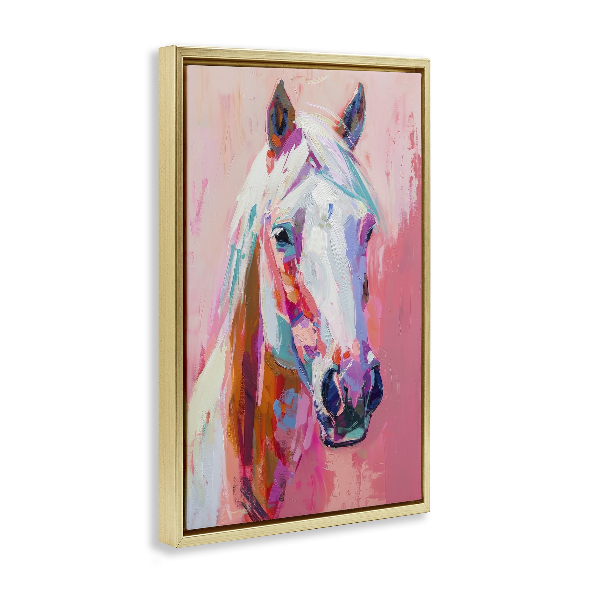 Stupell Industries Horse Visage on Pink Animals Painting Gold Floater Framed Canvas Art Print Wall Art, 21 x 31