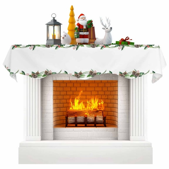 Green Pine Cone Fireplace Mantle Scarf, Christmas Winter Plants Leaves Mantel Cover Table Runner for Home Living Room Door Window, Indoor Outdoor Holiday Party Decor 17" x 70"