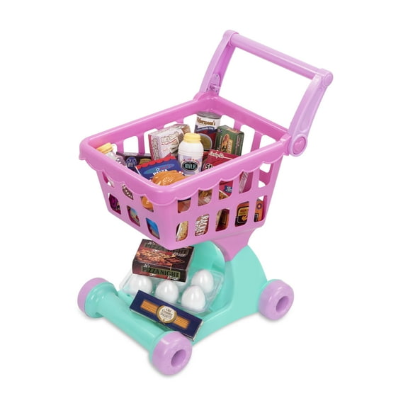 Battat Shopping Day Grocery Cart with 25  Plastic Play Food Pieces, Toddler and Preschool Toys
