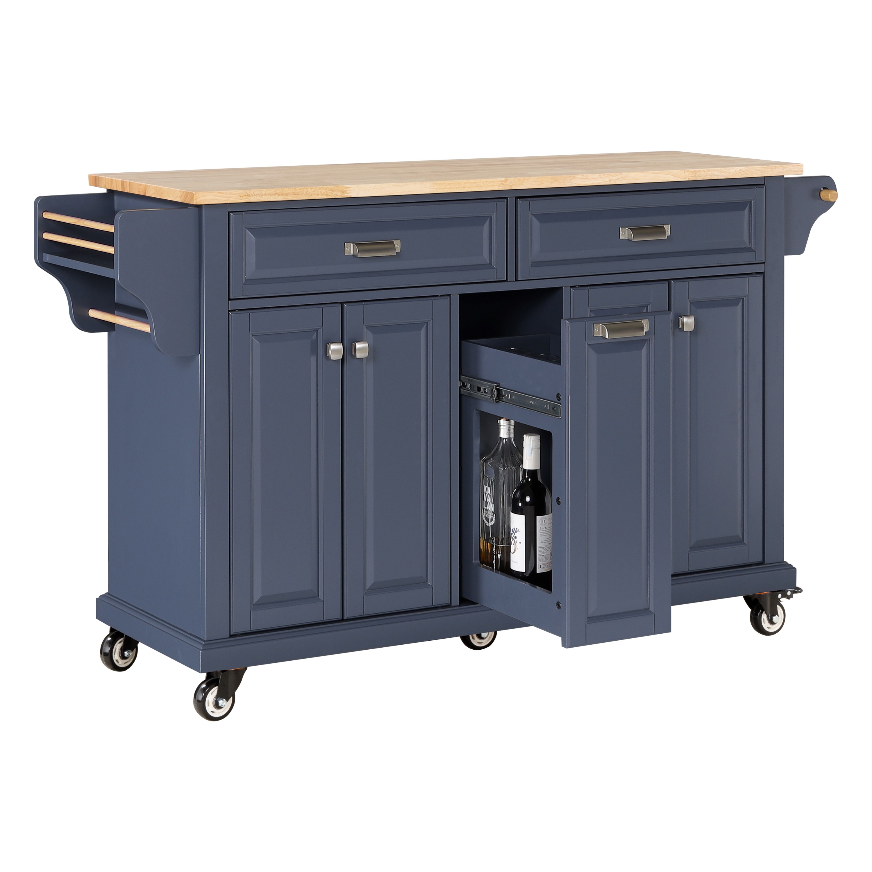 Cambridge Mobile Kitchen Islands on Wheels with Storage, Rubber Wood Countertop, Spice Rack,Towel Holder, 3 Storage Drawers and 2 Cabinets, L60.5 x W18.13 x H36.75IN, (Blue)