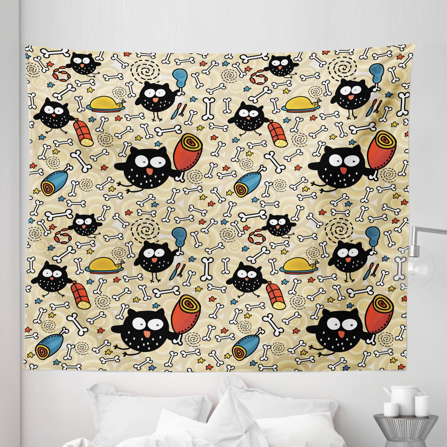 Cartoon Tapestry, Hungry Owls Lots of Bones and Chunks of Meat Eating  Drawing Sketch, Fabric Wall Hanging Decor for Bedroom Living Room Dorm, 5  Sizes, Black Multicolor, by Ambesonne 