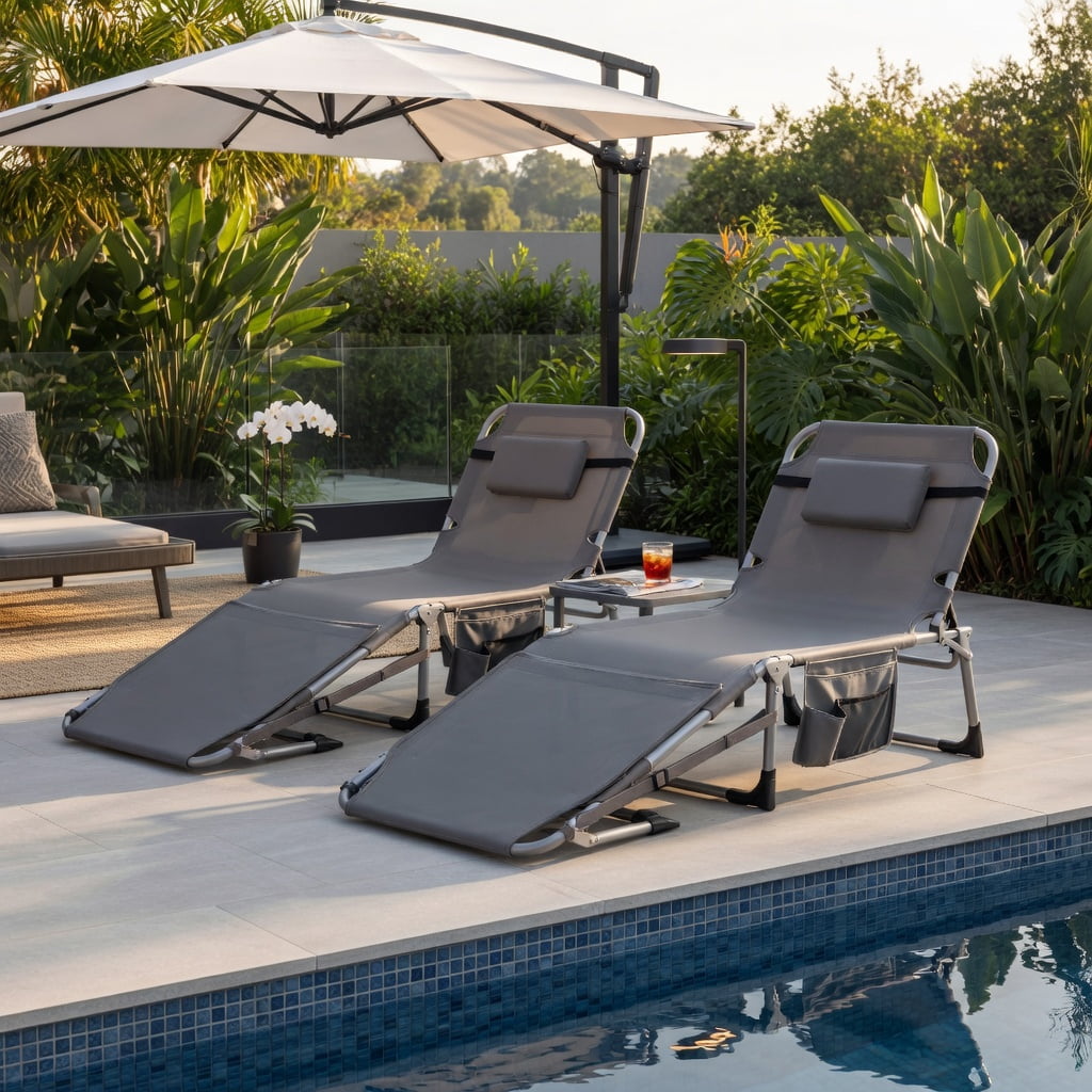 Hommoo Portable Folding Tanning Chair with Face Hole & Adjustable Backrest， Beach Sun Lounger for Pool, Backyard, Lawn, Gray