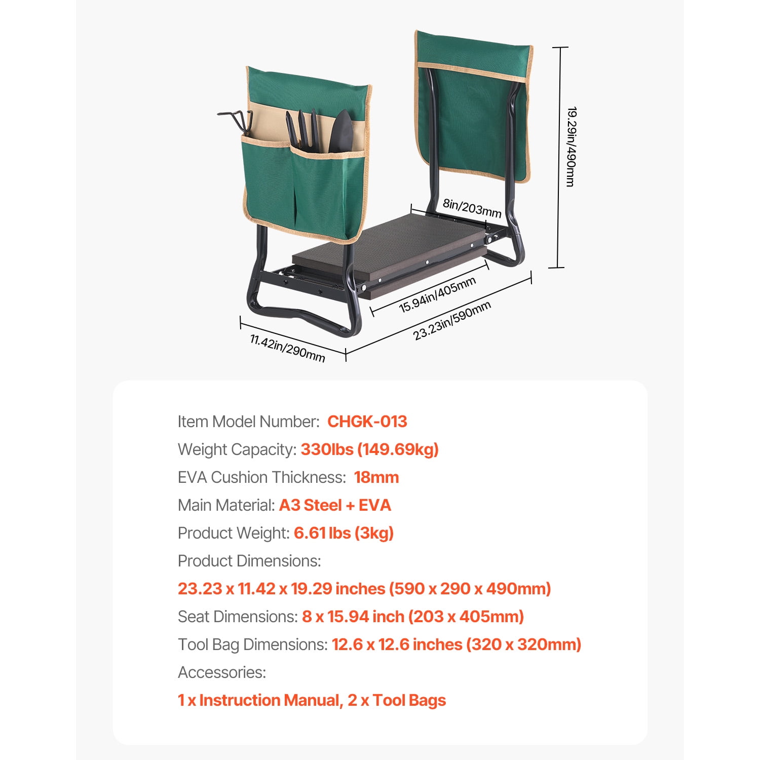 KFFKFF Outdoor Kneeler and Chair, 8-inch Broad Cushion, Robust Outdoor Kneeling Bench, Collapsible Yard Chair with Dual Equipment Pouches, Alleviate Knee & Spinal Discomfort, Handy Yard Seat