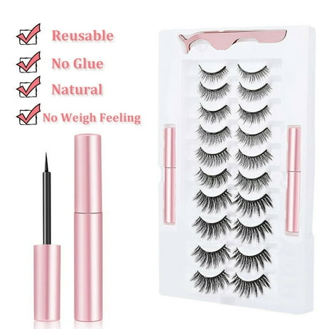 10 Pairs Magnetic Eyelashes with Waterproof Eyeliner & Tweezer Kit, Reusable Natural Look Lashes, No Glue
