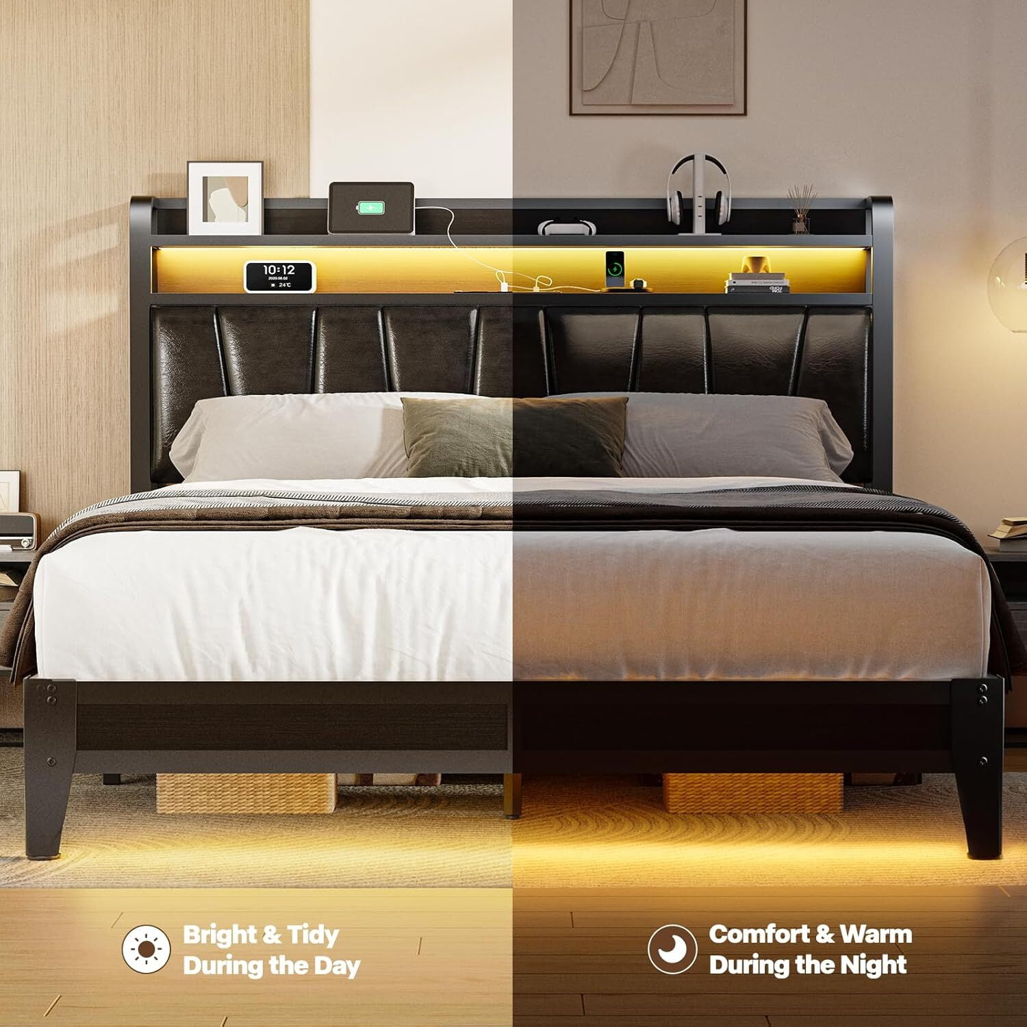 Queen Size Metal Platform Bed Frame with LED Lights and Charging Station, 2-Tier Storage Shelves and PU Leather Headboard for Master Bedroom, No Box Spring Needed, Black