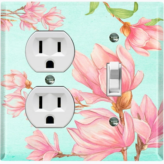 Metal Light Switch Plate Cover Classy Pink Magnolia Floral Wallpaper Teal FLW105