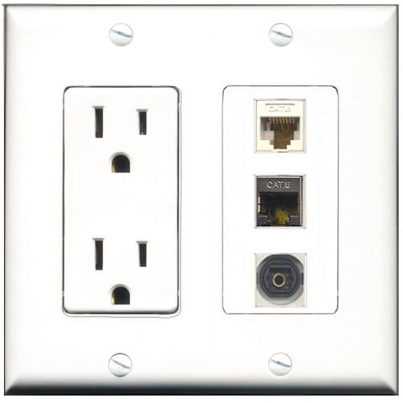 RiteAV - 15 Amp Power Outlet 1 Port Shielded Cat6 Ethernet Ethernet 1 Port Toslink 1 Port Cat6 Ethernet Ethernet White Decorative Wall Plate